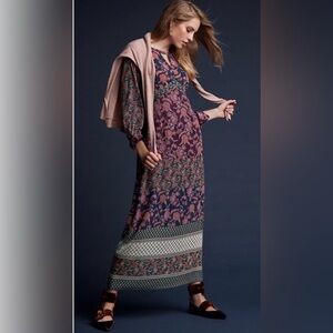 CAbi Navy and Burgundy Floral Long Sleeve Dress